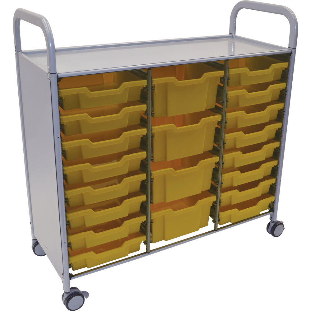 Gratnells Callero Plus Treble Cart with 16 Shallow & 4 Deep Sunshine Yellow Trays – Silver