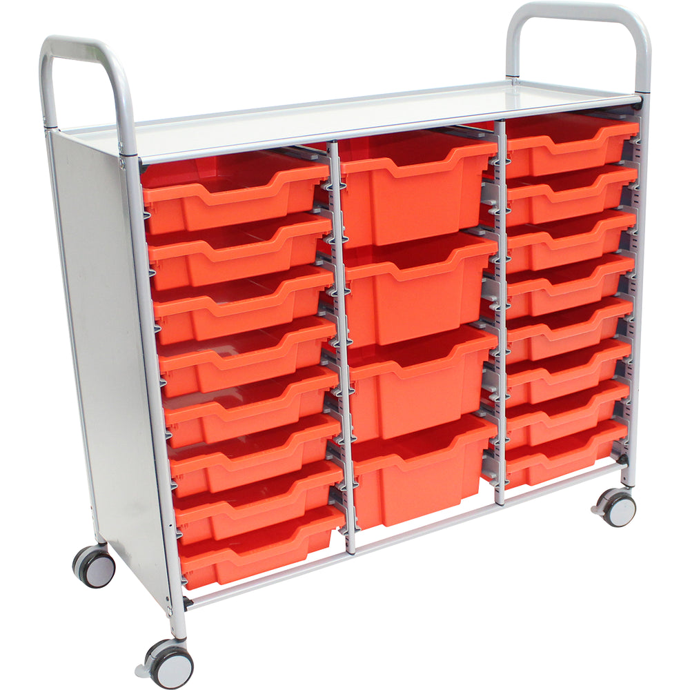 Gratnells Callero Plus Treble Cart with 16 Shallow & 4 Deep Tropical Orange Trays – Silver
