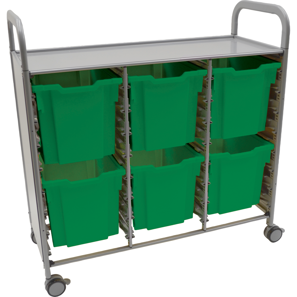 Gratnells Callero Plus Treble Cart with 6 Grass Green Jumbo Trays - Silver