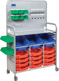 Gratnells MakerSpace Cart with 12 Flame Red Shallow & 3 Royal Blue Deep Trays