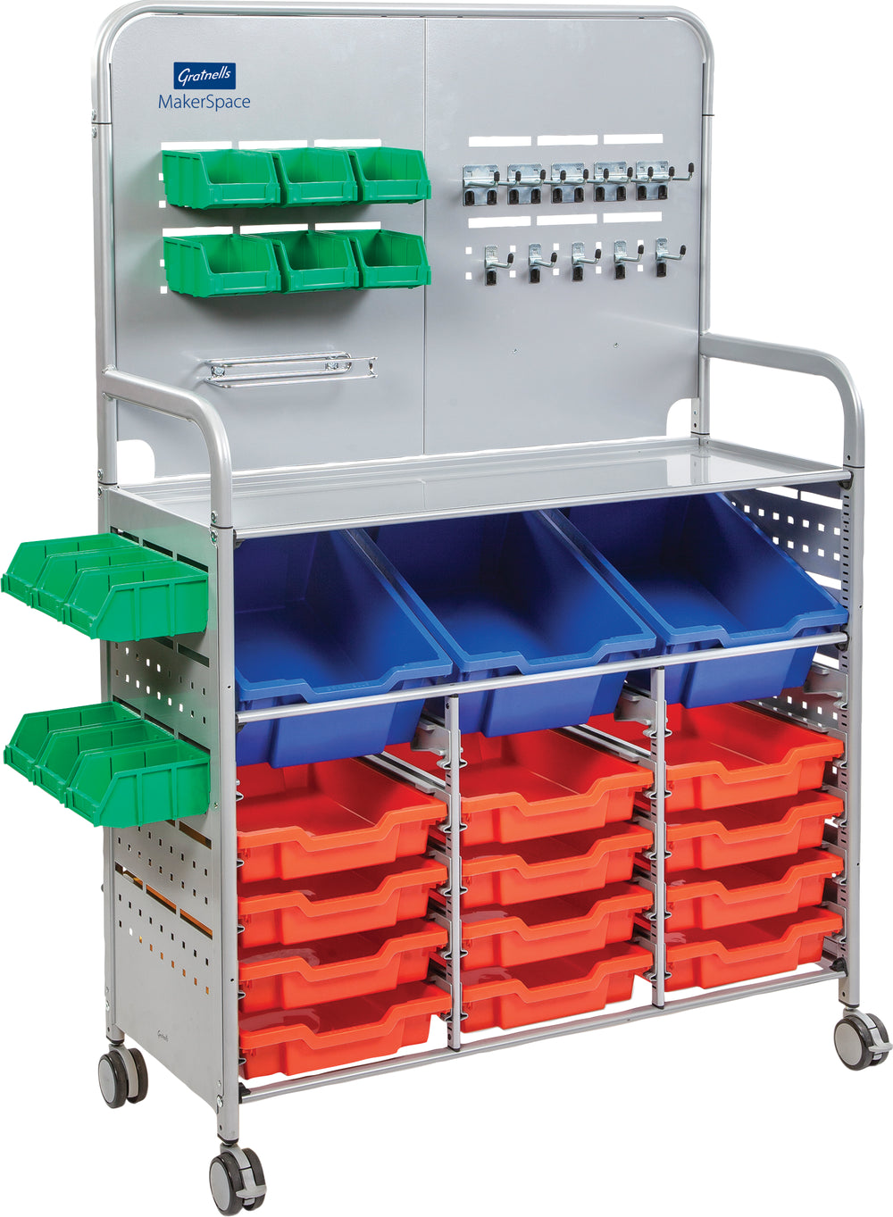 Gratnells MakerSpace Cart with 12 Flame Red Shallow & 3 Royal Blue Deep Trays