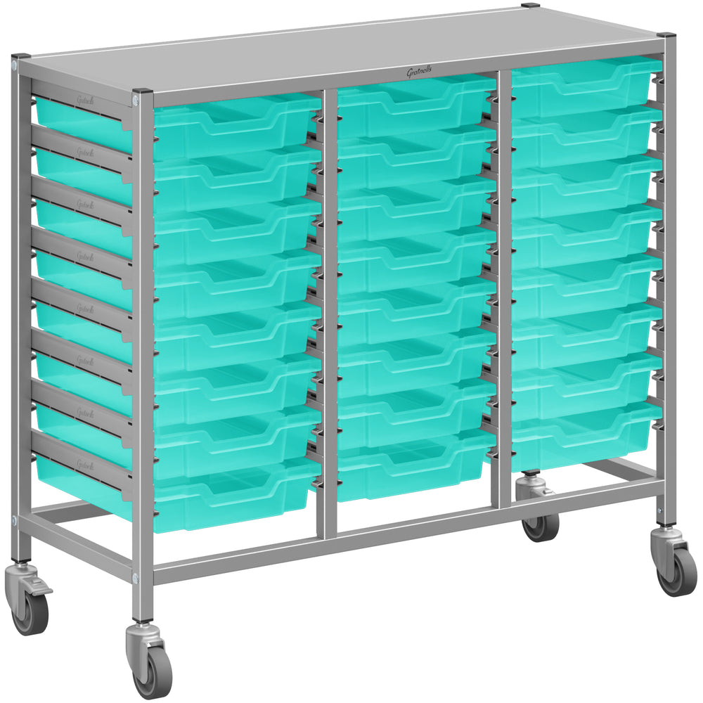 Gratnells Dynamis Lab & Healthcare Mid Triple Cart with 24 Kiwi Deep Trays