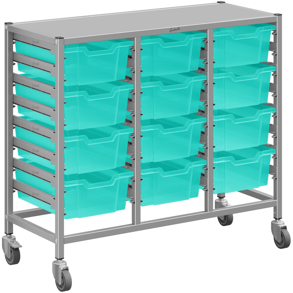 Gratnells Dynamis Lab & Healthcare Mid Triple Cart with 12 Kiwi Deep Trays