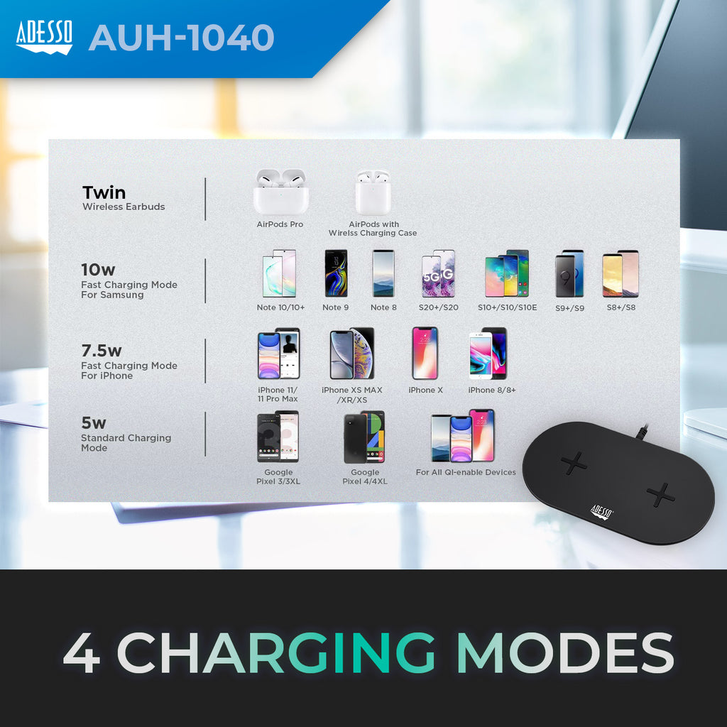 Adesso AUH-1040 Dual 15W Qi Wireless Charging Pad