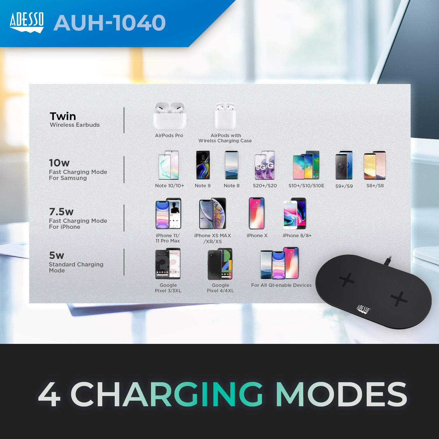 Adesso AUH-1040 Dual 15W Qi Wireless Charging Pad