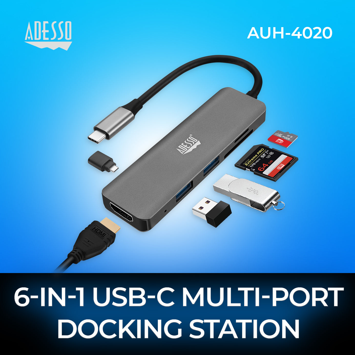 Adesso AUH-4020 6-in-1 USB-C Multi-Port Hub (4K HDMI)