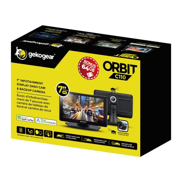 GEKOGEAR Orbit C110 7" Wireless CarPlay & Android Auto Display with Dual Dash Cam