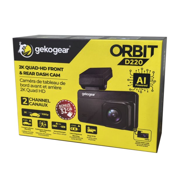 GekoGear Orbit D220 Dual AI-Powered 2K Dash Camera with Rear Camera & GPS