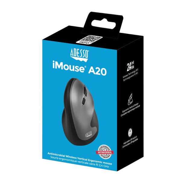 Adesso iMouse A20 Antimicrobial Wireless Vertical Ergonomic Mouse