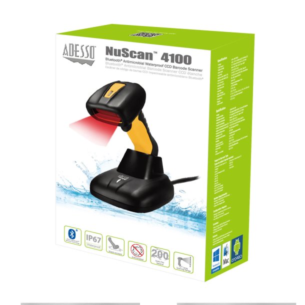 Adesso NuScan 4100B Bluetooth Waterproof Barcode Scanner