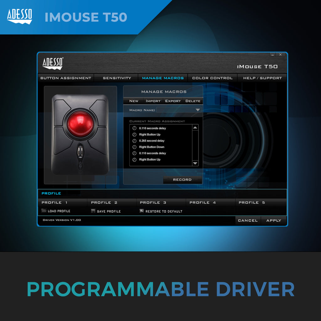 Adesso iMouse T50 Wireless Programmable Ergonomic Trackball Mouse