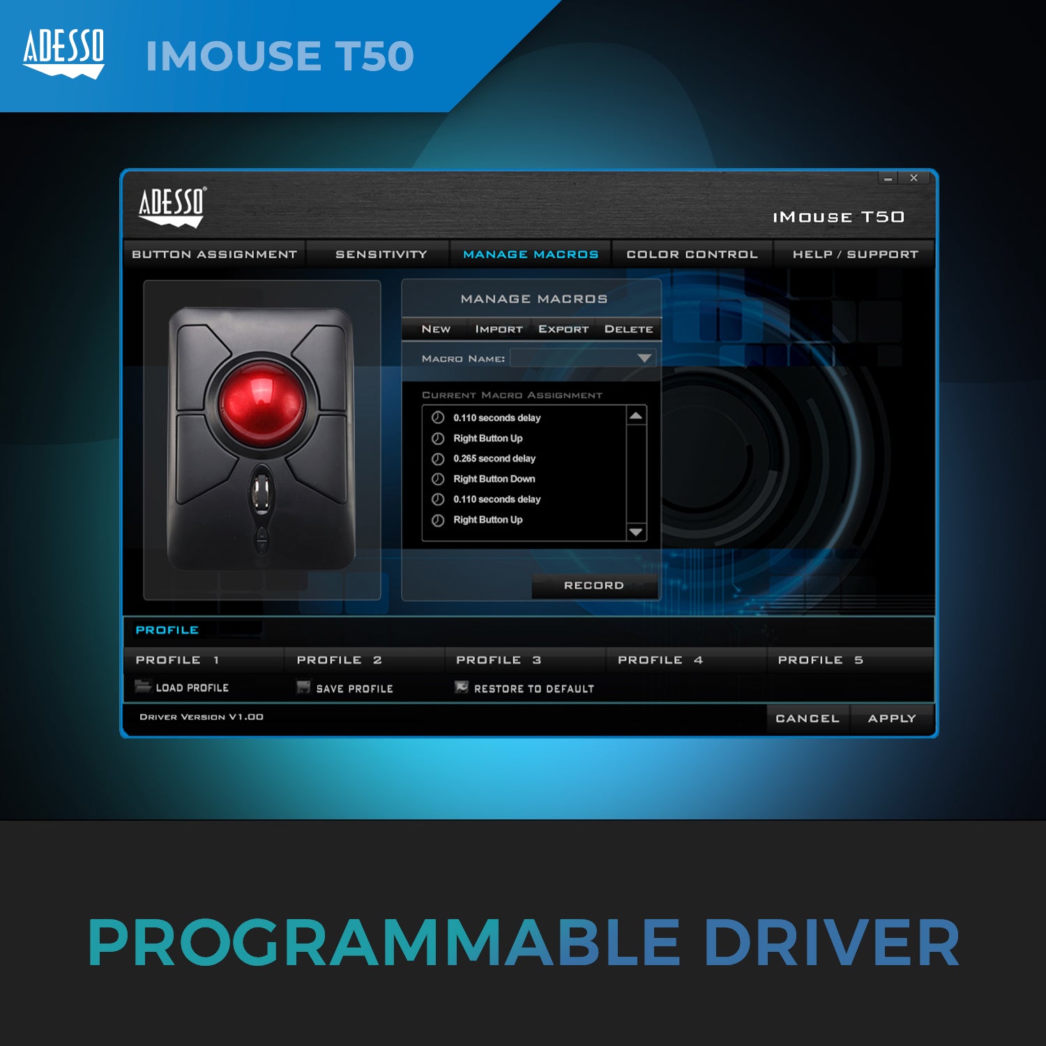 Adesso iMouse T50 Wireless Programmable Ergonomic Trackball Mouse