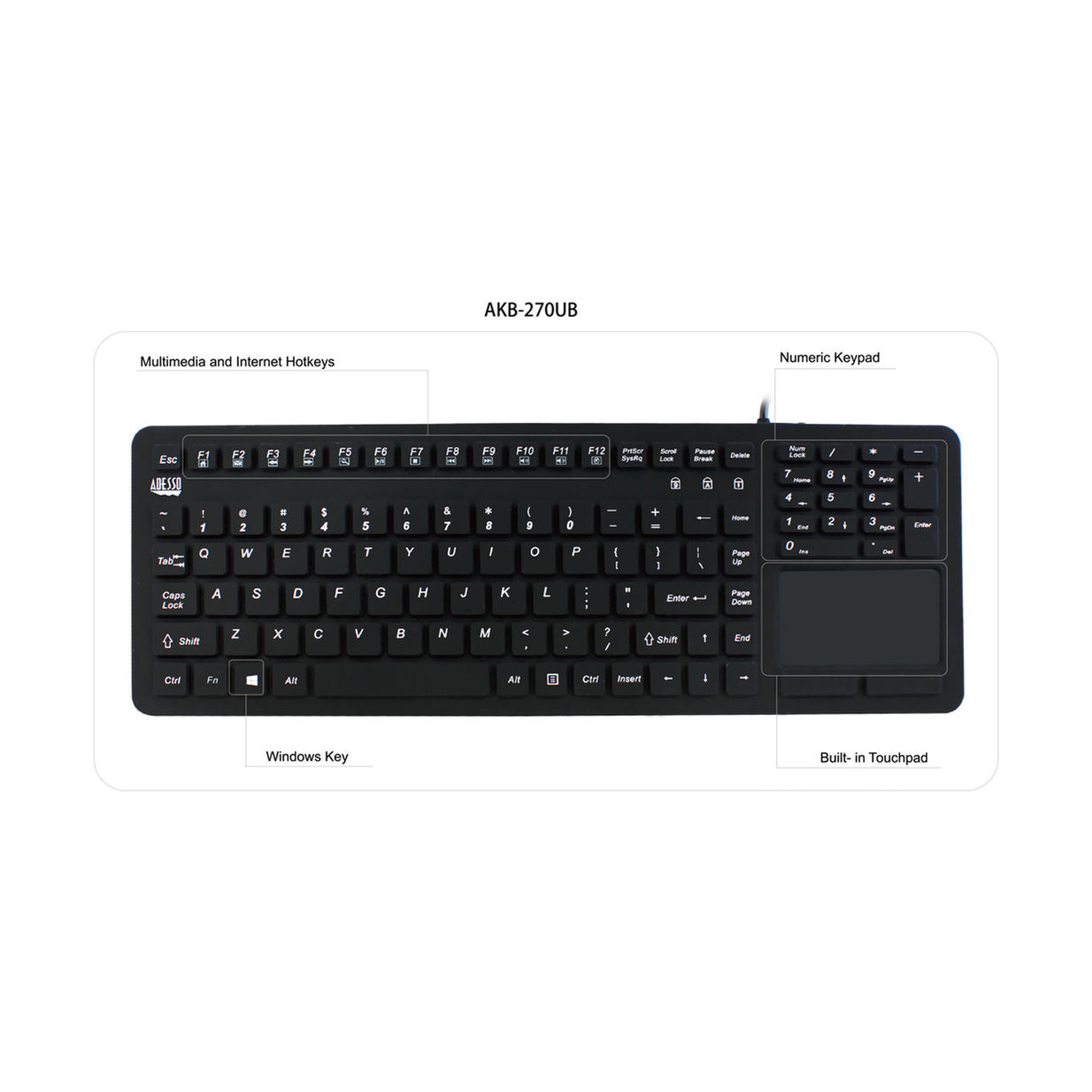 Adesso AKB-270UB Antimicrobial Waterproof Touchpad Keyboard