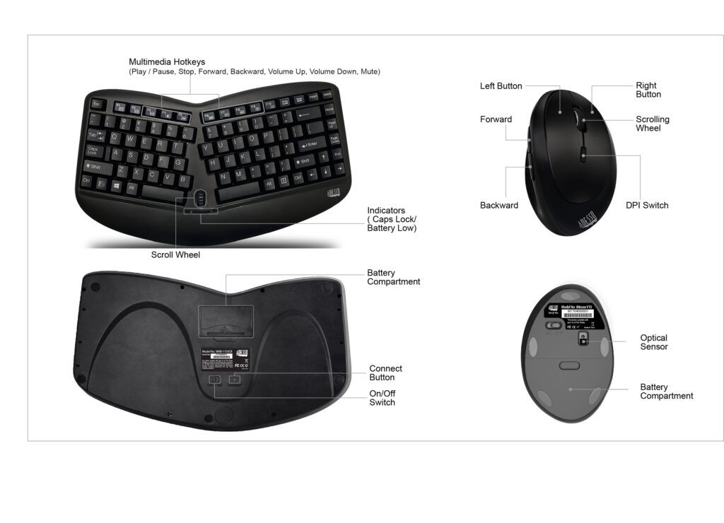 Adesso WKB-1150CB Wireless Ergonomic Keyboard & Vertical Mouse Combo