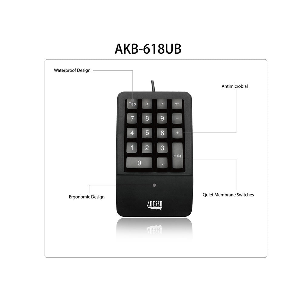 Adesso AKB-618UB Antimicrobial Waterproof USB Numeric Keypad