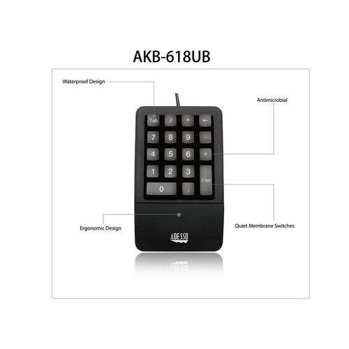 Adesso AKB-618UB Antimicrobial Waterproof USB Numeric Keypad