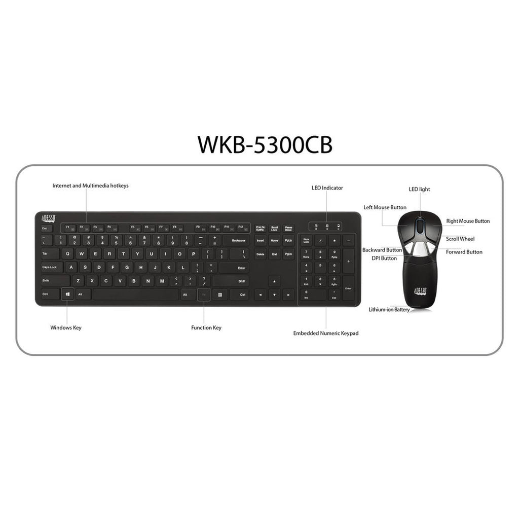 Adesso WKB-5300CB Wireless Presenter Mouse & Full-Size Keyboard Combo