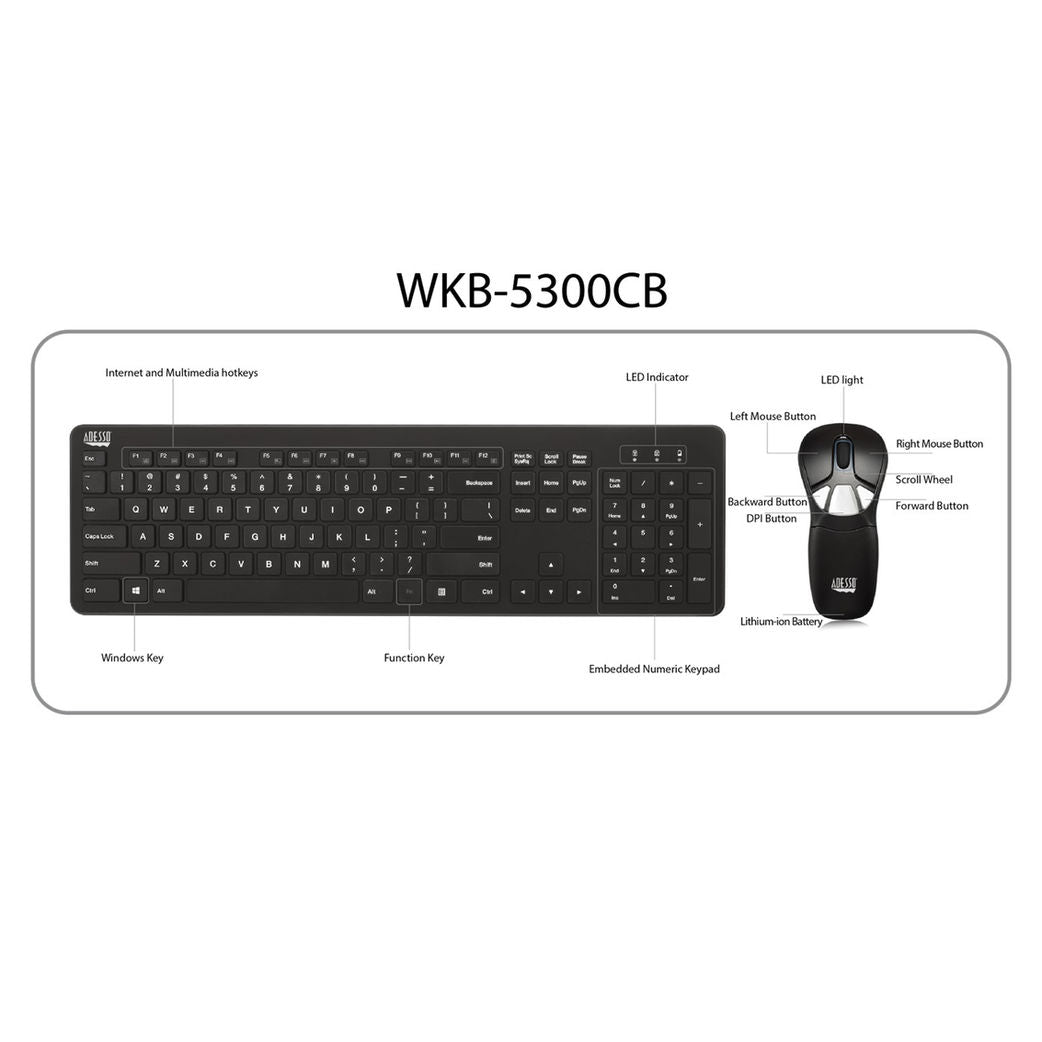 Adesso WKB-5300CB Wireless Presenter Mouse & Full-Size Keyboard Combo