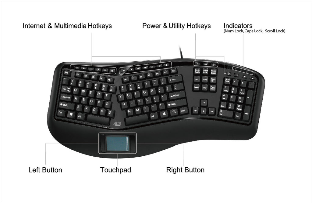 Adesso AKB-450UB Tru-Form Ergonomic Touchpad Keyboard