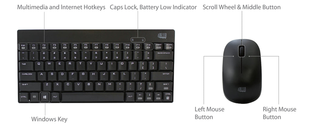 Adesso WKB-1100CB Wireless Mini Keyboard & Mouse Combo