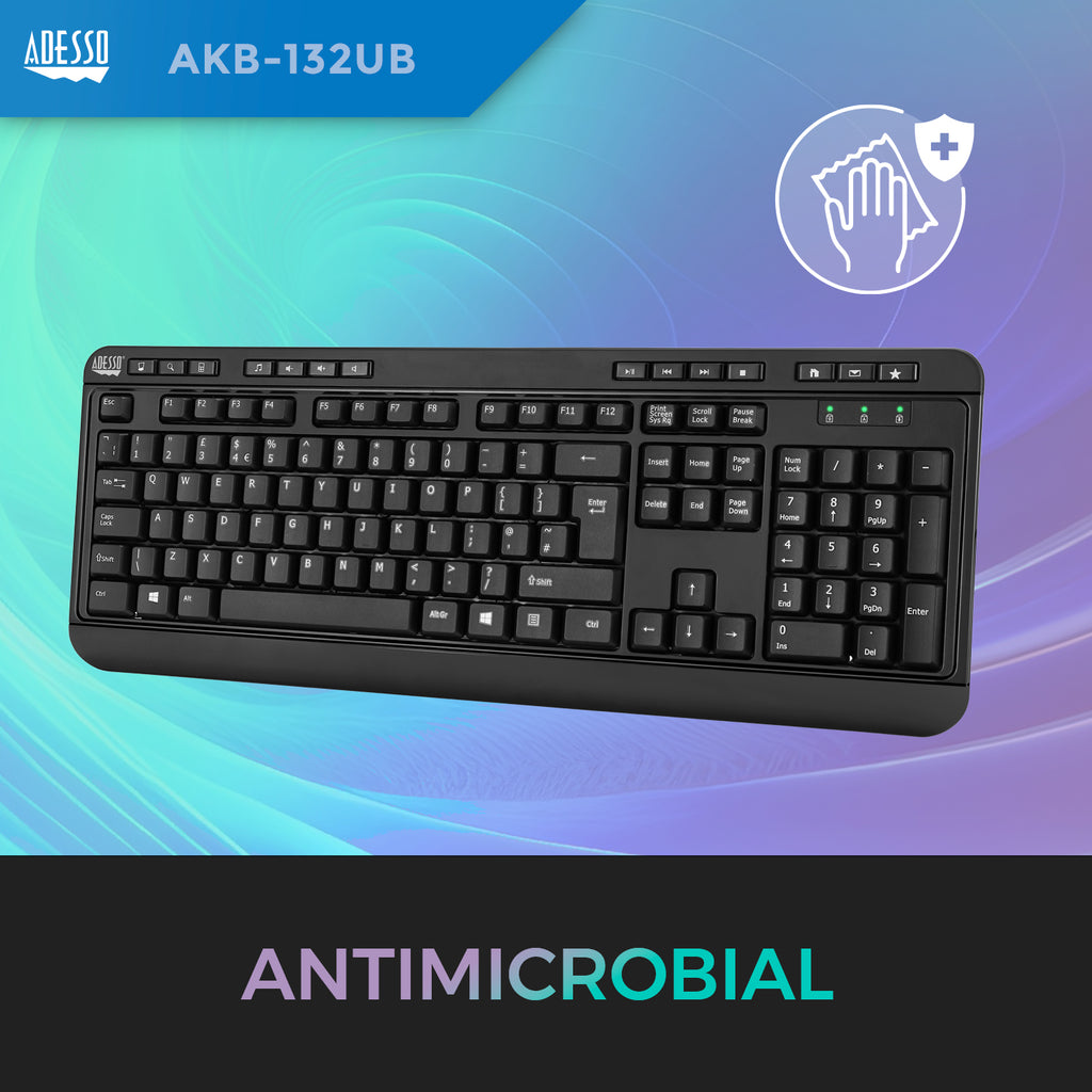 Adesso AKB-132UB Antimicrobial Multimedia USB Keyboard