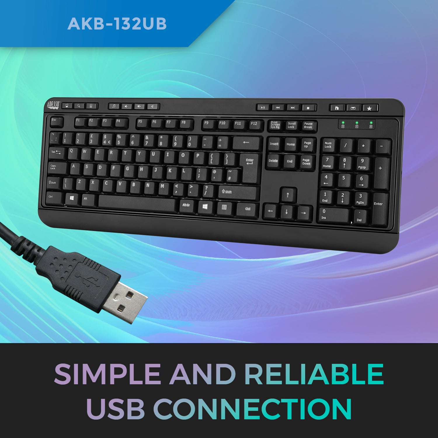 Adesso AKB-132UB Antimicrobial Multimedia USB Keyboard
