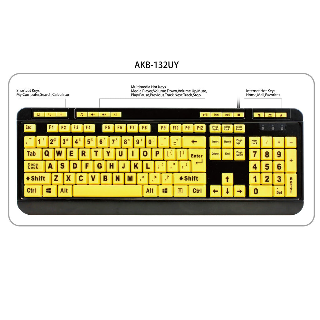 Adesso AKB-132UY Large Print Multimedia USB Keyboard – Yellow Keys