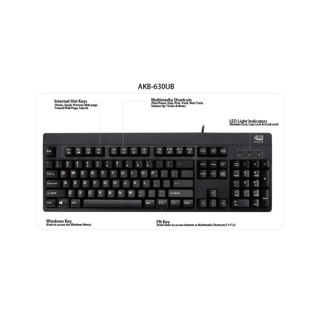 Adesso AKB-630UB Antimicrobial Waterproof USB Keyboard
