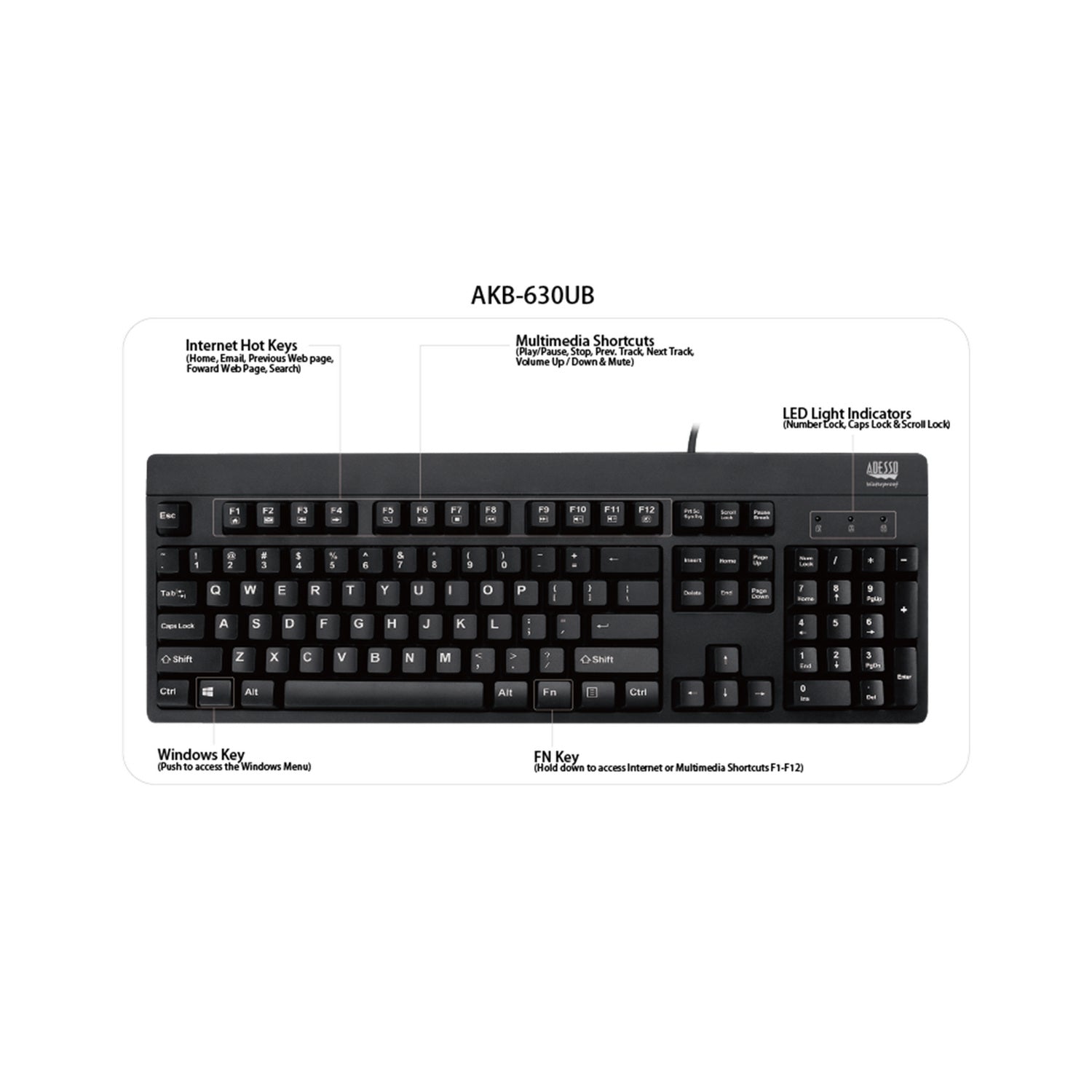 Adesso AKB-630UB Antimicrobial Waterproof USB Keyboard