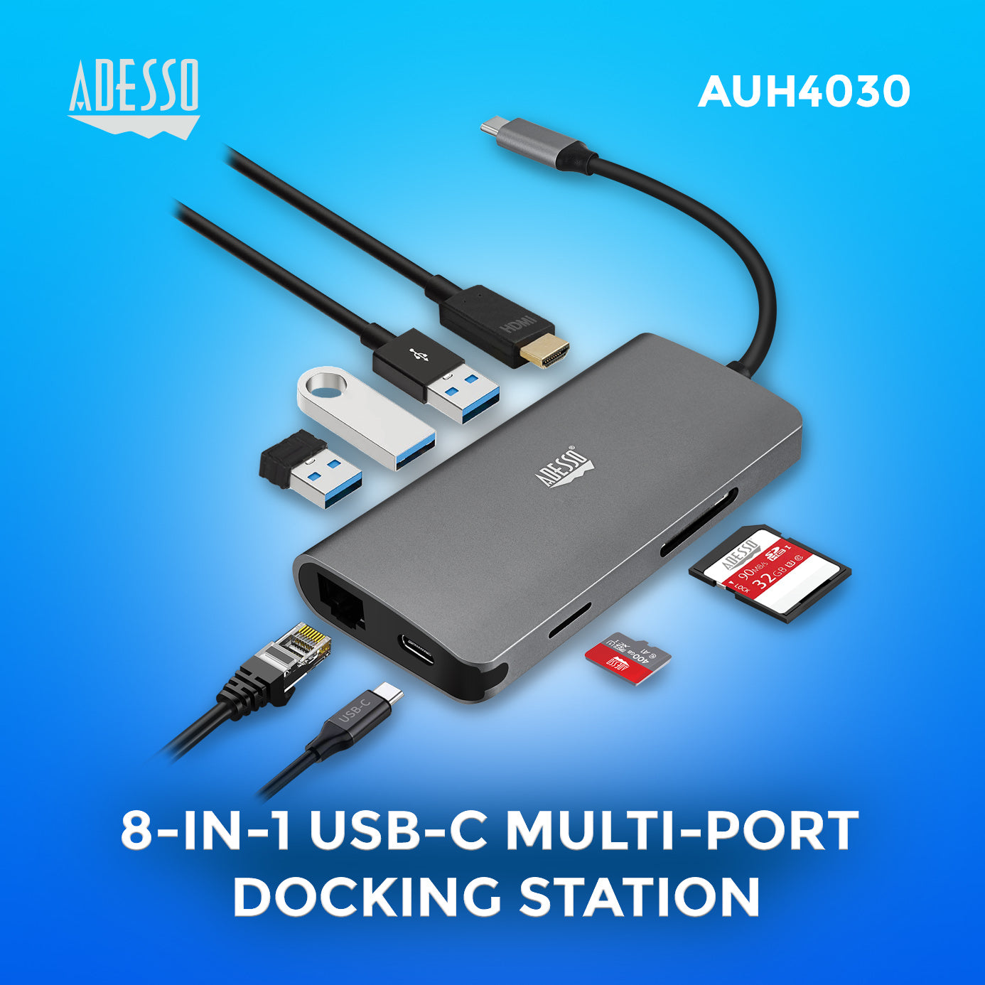 Adesso AUH-4030 8-in-1 USB-C Multiport Hub for Classrooms