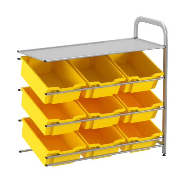 Gratnells Callero Custom Low Level 9 Deep Tilting Tray Adder Unit – Silver Frame with Sunshine Yellow Trays