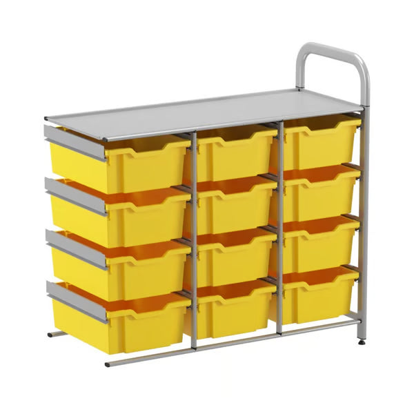 Gratnells Callero Custom Low Level 12 Deep Tray Adder Unit – Silver Frame with Sunshine Yellow Trays