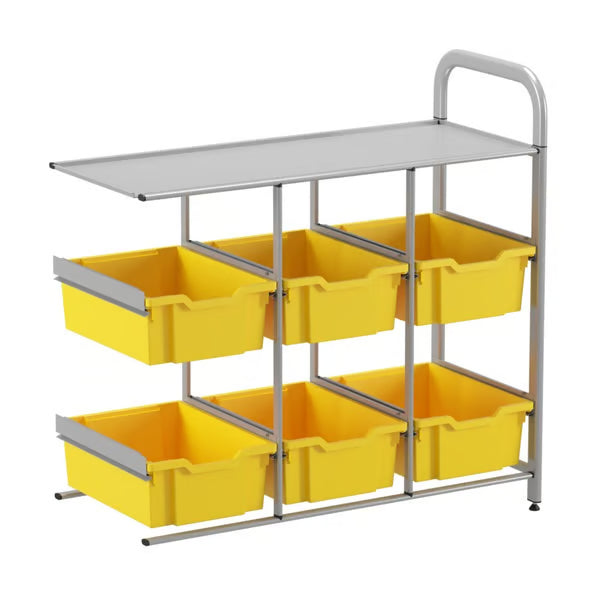 Gratnells Callero Custom Low Level 6 Deep Tray Library Adder Unit – Silver Frame with Sunshine Yellow Trays