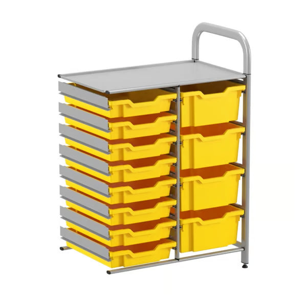 Gratnells Callero Custom Low-Level 8 Shallow & 4 Deep Tray Adder Storage Unit – Silver Frame with Sunshine Yellow Trays
