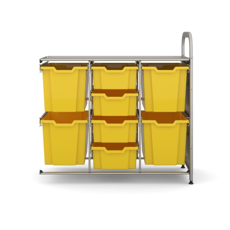 Gratnells Callero Custom Low Level 4 Deep & 4 Jumbo Tray Adder Unit – Silver Frame with Sunshine Yellow Trays