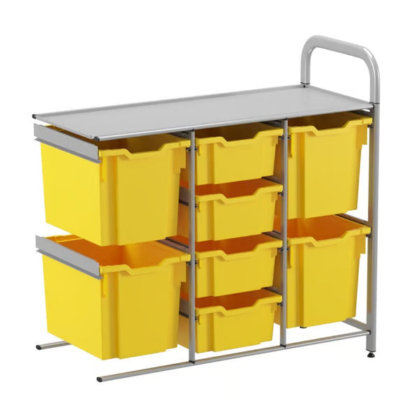 Gratnells Callero Custom Low Level 4 Deep & 4 Jumbo Tray Adder Unit – Silver Frame with Sunshine Yellow Trays
