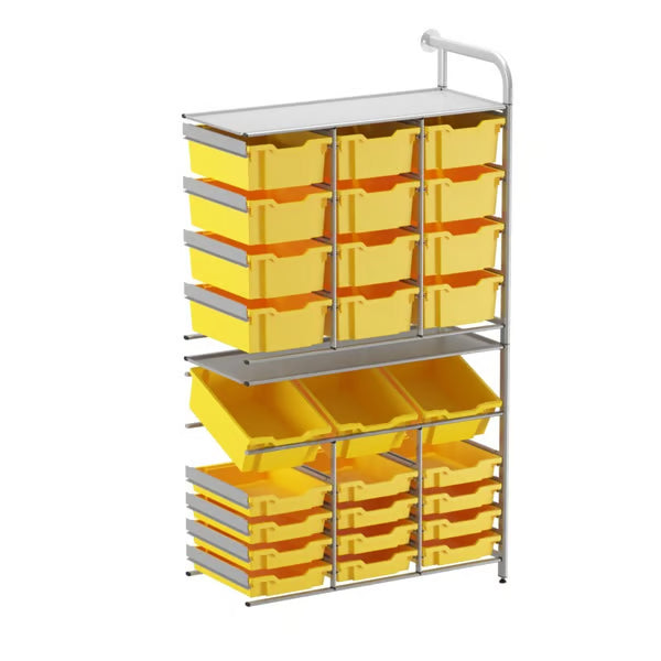 Gratnells Callero Custom Tall Maker Store Adder Unit with 12 Shallow & 15 Deep Sunshine Yellow Trays (Silver Frame)