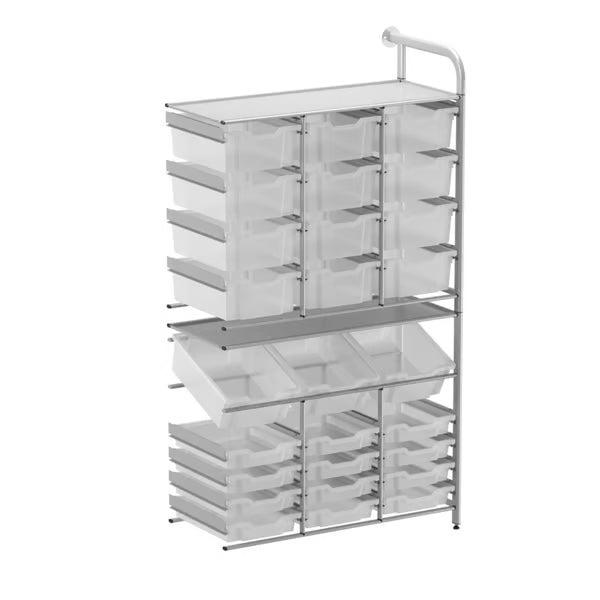 Gratnells Callero Tall Maker Store Adder Unit with 12 Shallow & 15 Deep Translucent Trays – Silver Frame