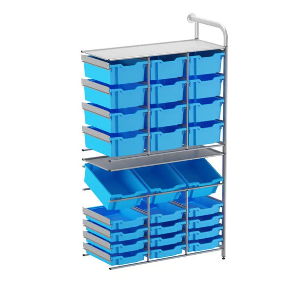Gratnells Callero Tall Maker Store Adder Unit with 12 Shallow & 15 Deep Cyan Blue Trays