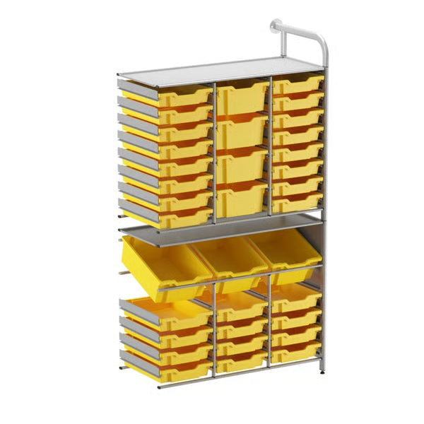 Gratnells Callero Tall Maker Adder Unit with 28 Shallow & 7 Deep Sunshine Yellow Trays – Silver Frame