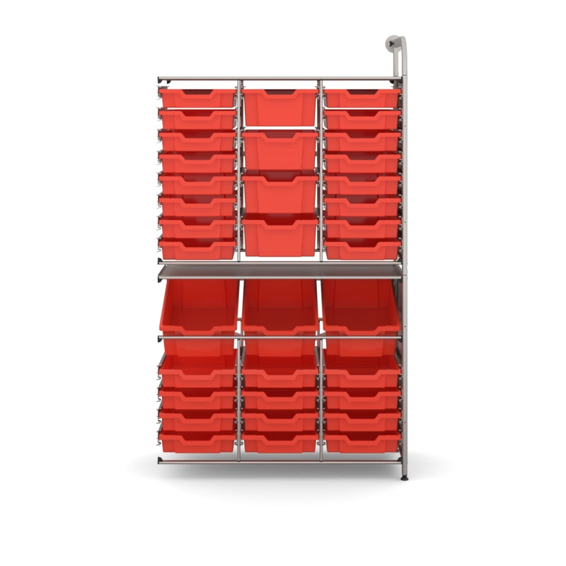 Gratnells Callero Tall Maker Adder Unit with 28 Shallow & 7 Deep Flame Red Trays – Silver Frame