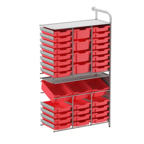 Gratnells Callero Tall Maker Adder Unit with 28 Shallow & 7 Deep Flame Red Trays – Silver Frame