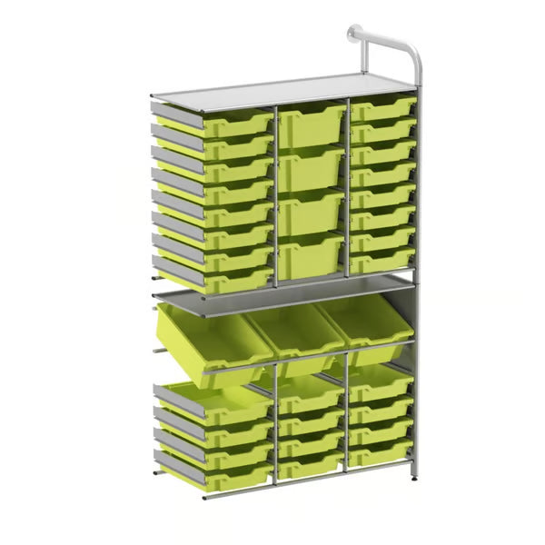 Gratnells Callero Tall Maker Adder Unit with 28 Shallow & 7 Deep Jolly Lime Trays – Silver Frame