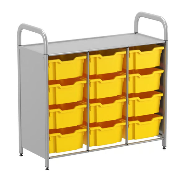 Gratnells Callero Custom Low Level 12 Deep Tray Starter Unit – Silver Frame with Sunshine Yellow Trays