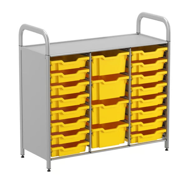Gratnells Callero Custom Low Level 16 Shallow & 4 Deep Tray Starter Unit – Silver Frame with Sunshine Yellow Trays