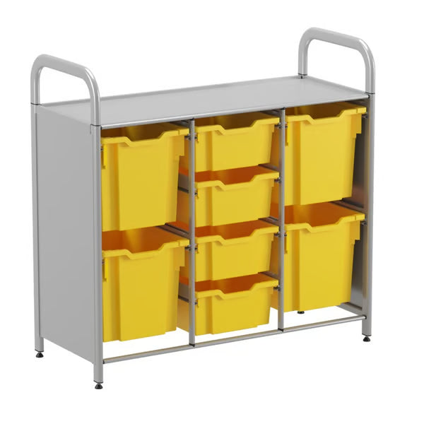 Gratnells Callero Custom Low Level 4 Deep & 4 Jumbo Tray Starter Unit – Silver Frame with Sunshine Yellow Trays
