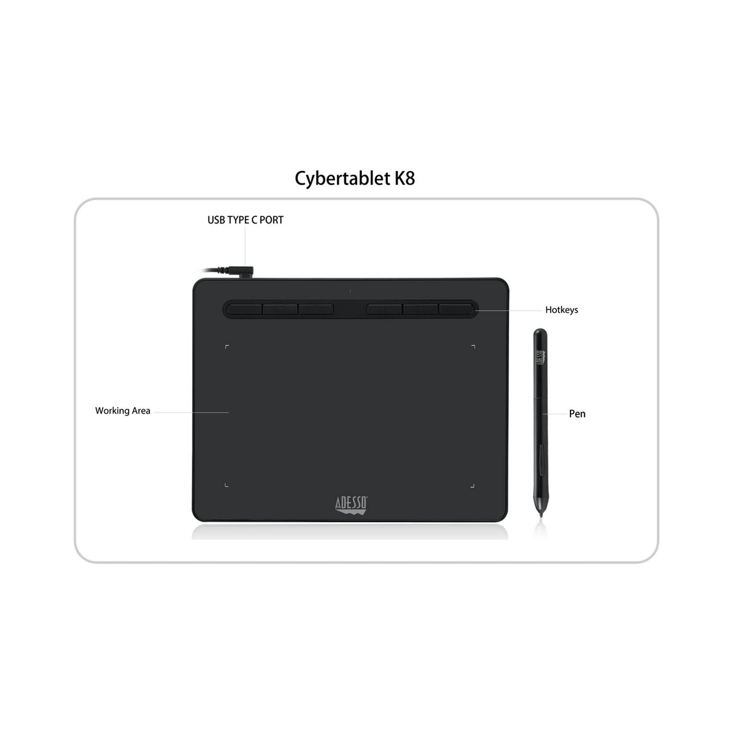 Adesso CyberTablet K8 8x5 Graphic Drawing Tablet for Classrooms