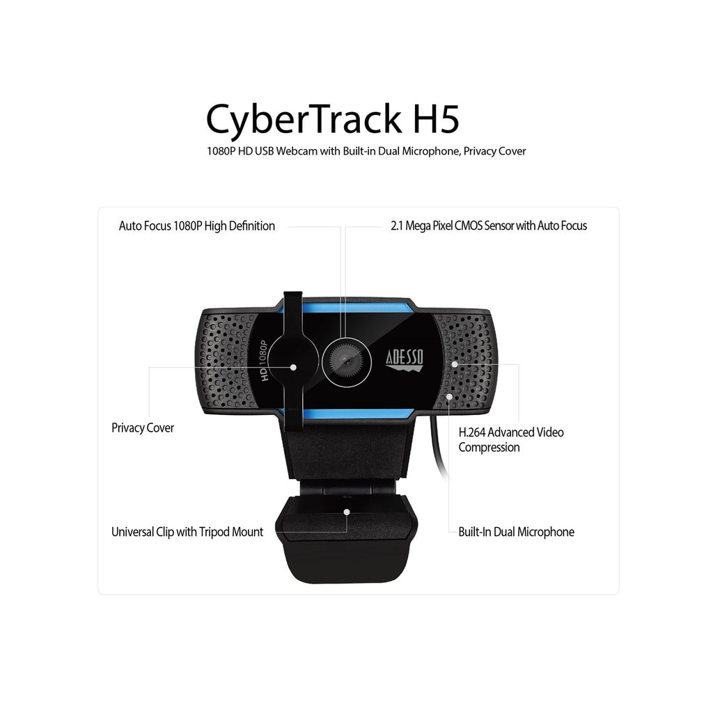 Adesso CyberTrack H5 1080P Auto Focus Webcam with Dual Mic