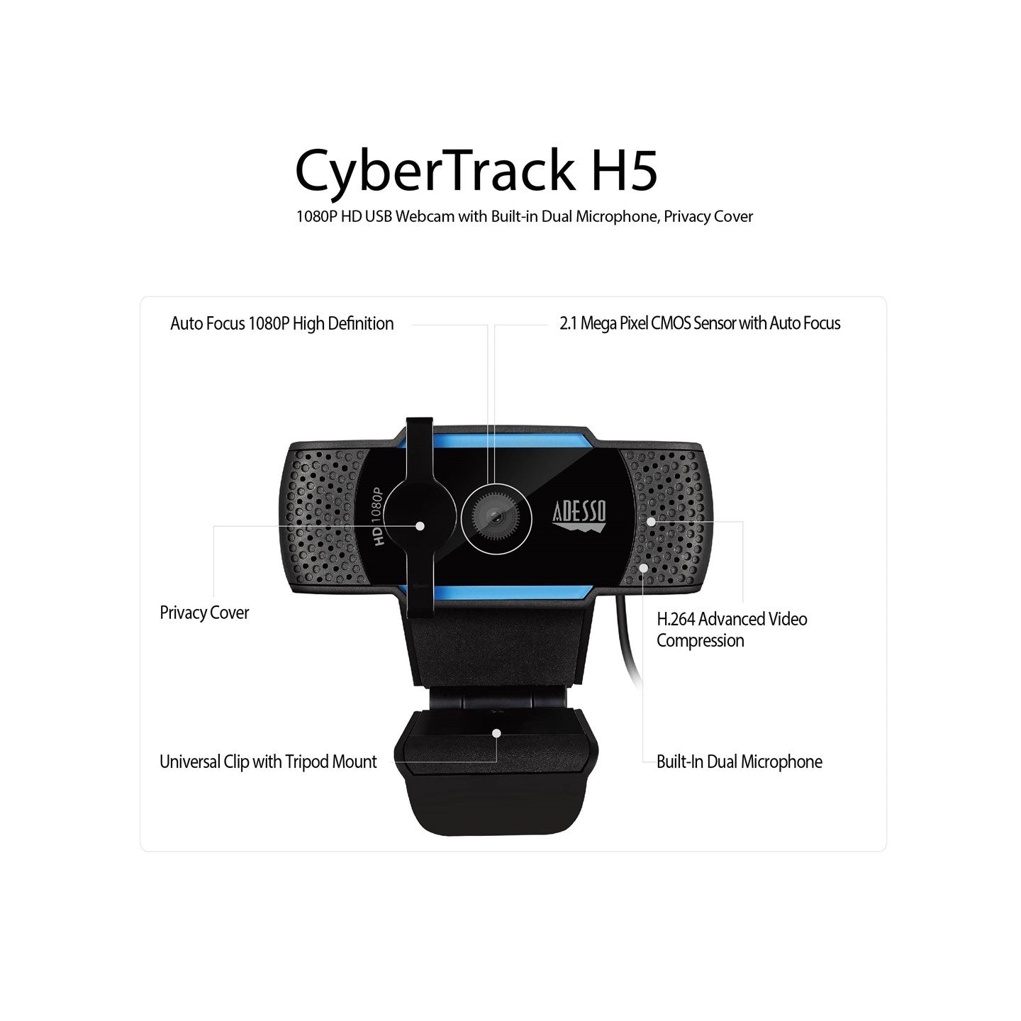 Adesso CyberTrack H5 1080P Auto Focus Webcam with Dual Mic
