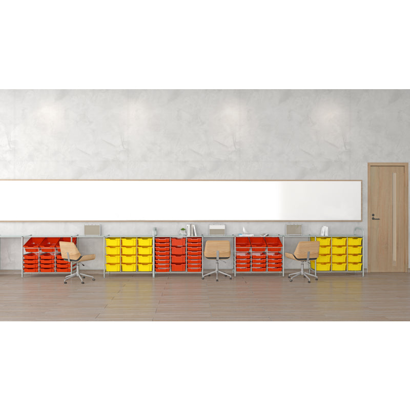 Gratnells Callero Custom Low Level 9 Deep Tilting Tray Adder Unit – Silver Frame with Sunshine Yellow Trays